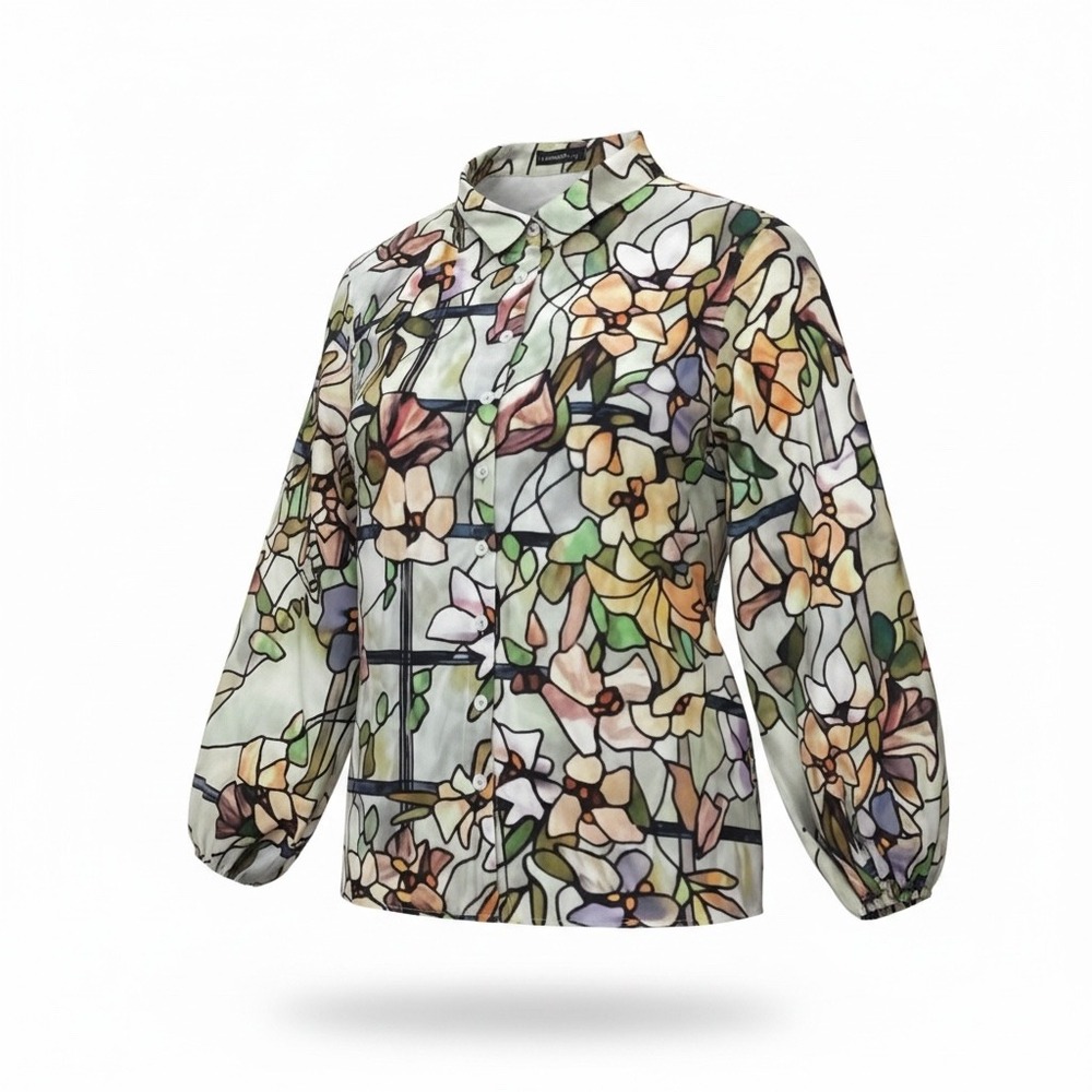 JustFashionNow Stained Glass Floral Blouse Green Yellow Purple Button Up Small